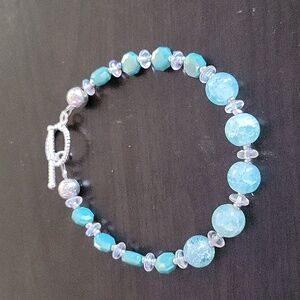 Handcrafted faceted amazonite and cracked glass beaded bracelet/anklet